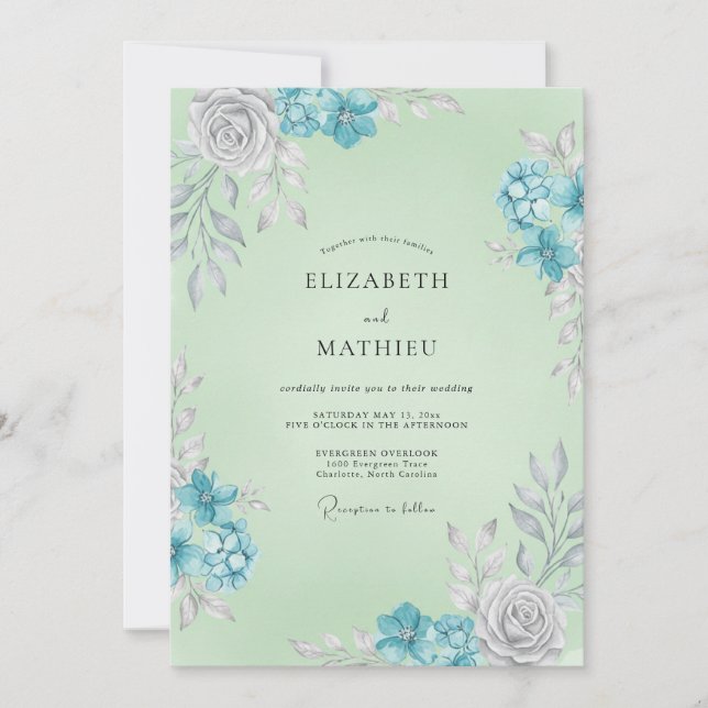 Azure Mint Leafy Wedding Invitation (Front)