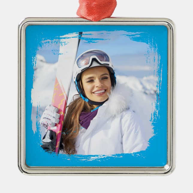 Azure Modern Grunge Border Photo Metal Ornament (Front)