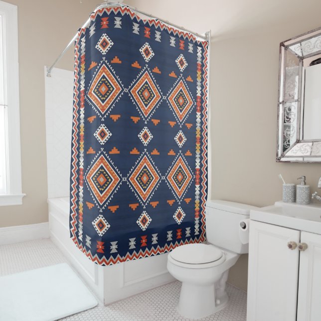 Azure Navy and Terracotta Geometric Tribal (In Situ)