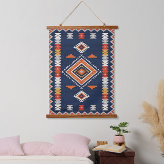 Azure Navy and Terracotta Geometric Tribal Hanging Tapestry