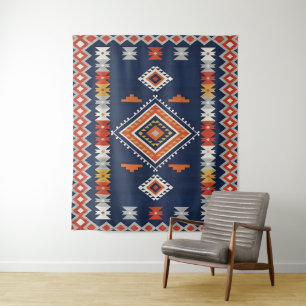 Azure Navy and Terracotta Geometric Tribal Tapestry