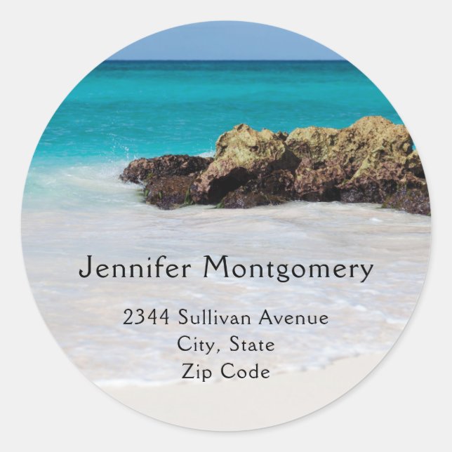 Azure Ocean Sandy Beach Photo - Address Classic Round Sticker (Front)