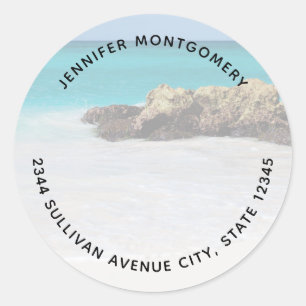 Azure Ocean Sandy Beach Photo - Address Classic Round Sticker