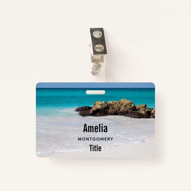 Azure Ocean Sandy Beach Photo Badge (Front with Clip)