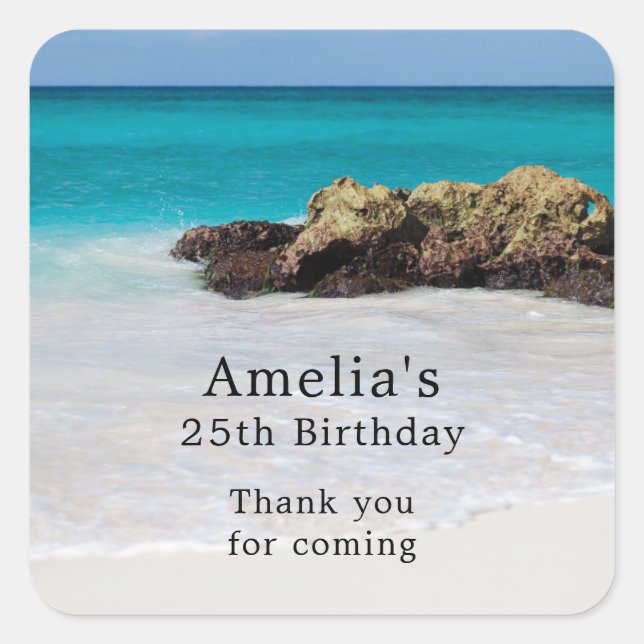 Azure Ocean Sandy Beach Photo Birthday Thank You Square Sticker (Front)