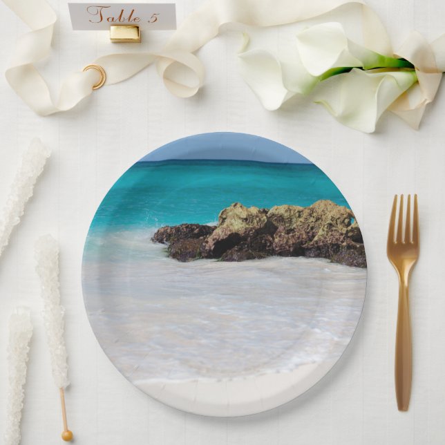 Azure Ocean Sandy Beach Photo Paper Plate (Wedding)
