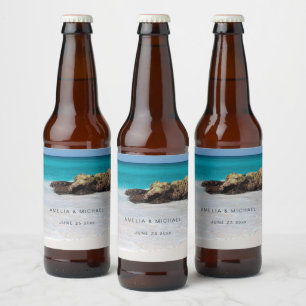 Azure Ocean Sandy Beach Photo Wedding Beer Bottle Label