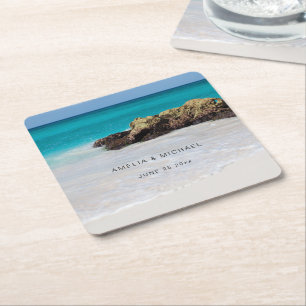 Azure Ocean Sandy Beach Photo Wedding Square Paper Coaster