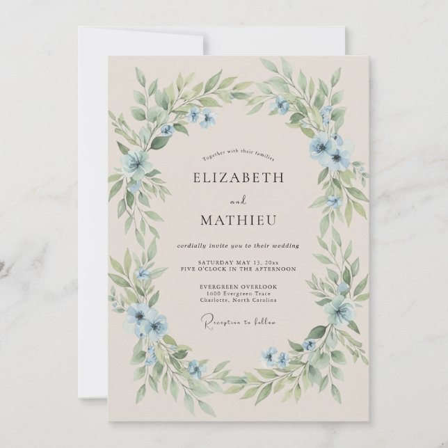 Azure Painted Foliage Wedding Invitation (Front)