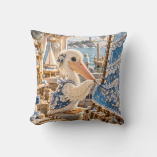 Azure Pelican Lace Sail Coastal Workshop Throw Pillow