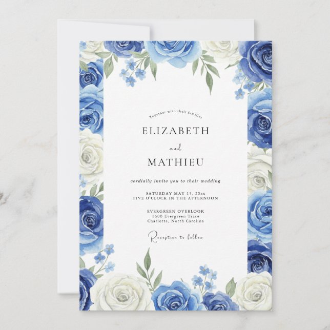 Azure Peony Leafy Wedding Invitation (Front)