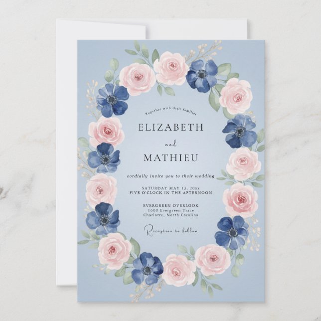 Azure Pink Rose Wreath Wedding Invitation (Front)