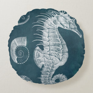 Azure Seahorse Study I Round Pillow