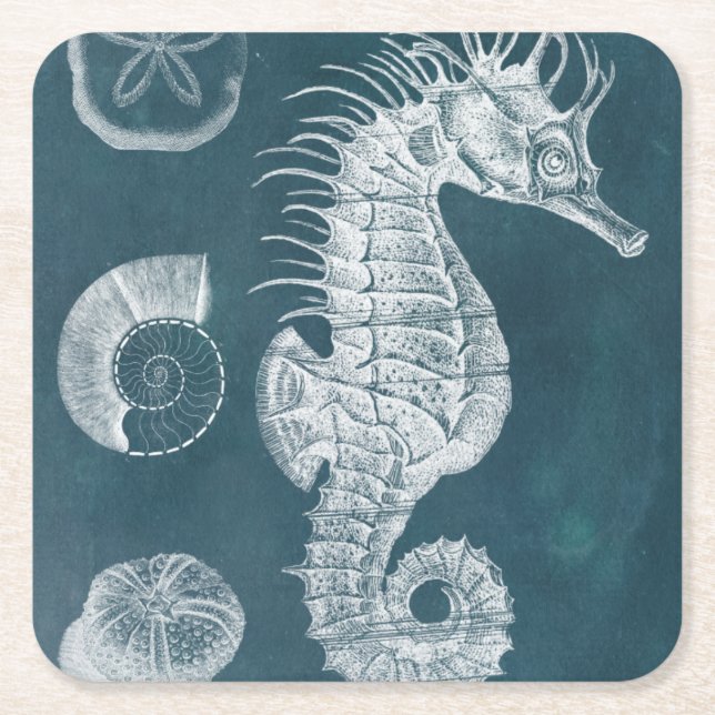 Azure Seahorse Study I Square Paper Coaster (Front)