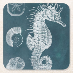 Azure Seahorse Study I Square Paper Coaster