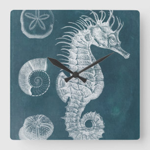 Azure Seahorse Study I Square Wall Clock