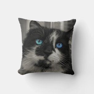 Azure Soul Black Cat Blue Eyes Throw Pillow