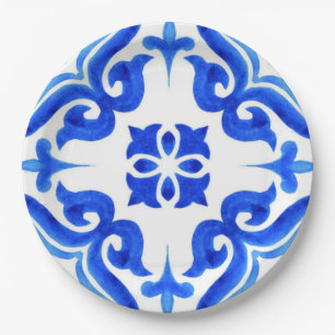 Azure Tides Hand Painted Blue Watercolor Mosaic Paper Plate