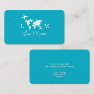 Azure Travel Agent monogram worldmap & plane Business Card