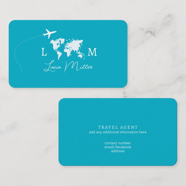 Azure Travel Agent monogram worldmap & plane Business Card (Front/Back)
