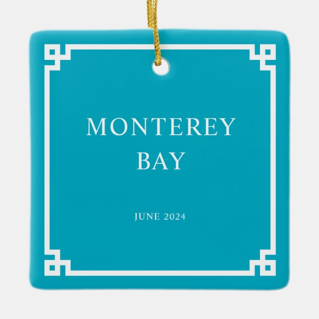 Azure White Greek Key Border Family Vacation Photo Ceramic Ornament (Front)