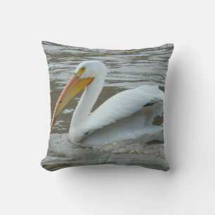 B14 White Pelican on Muddy River Throw Pillow
