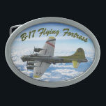 B17 Flying Fortress WWII Bomber Airplane Belt Buckle<br><div class="desc">The American WWII bomber B-17 Flying Fortress is the most beautiful plane ever built. The airplane image appears to soar over the clouds against the blue sky. This design is perfect for WWII history buffs and aviation enthusiasts,  especially fans of the B-17 bombers.</div>