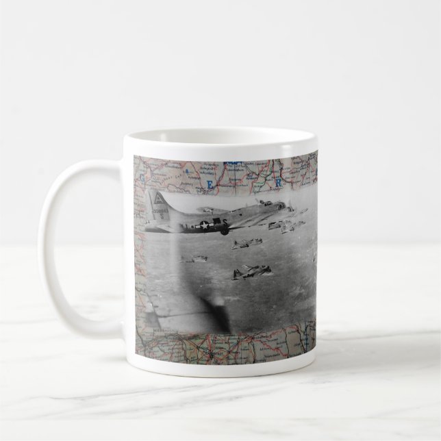 B17 Formation Over WW2 Map Coffee Mug (Left)