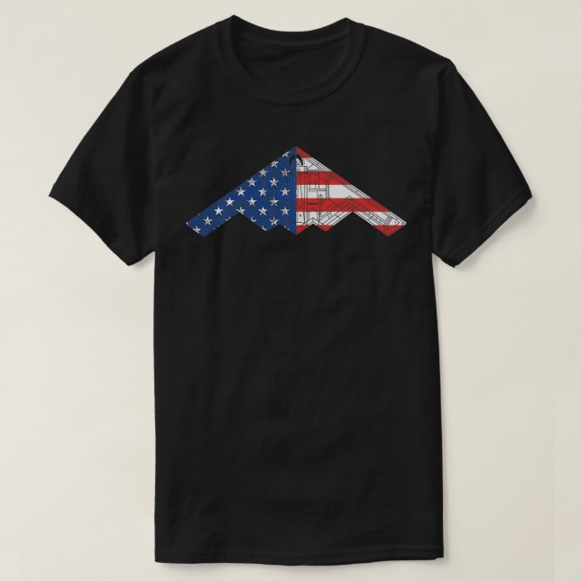 B2 Bomber Stealth Aircraft Schematic American Flag T-Shirt (Design Front)