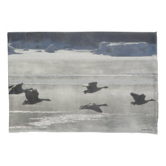 B47 Canadian Geese Over Frozen River Pillowcase