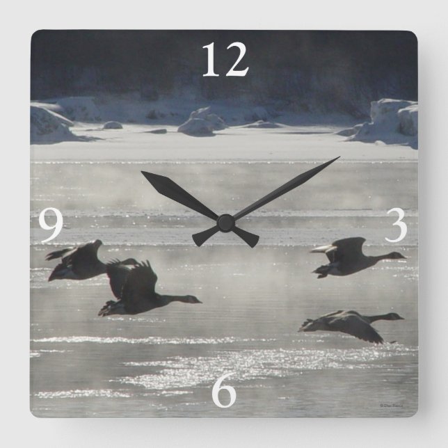 B47 Canadian Geese Over Frozen River Square Wall Clock (Front)