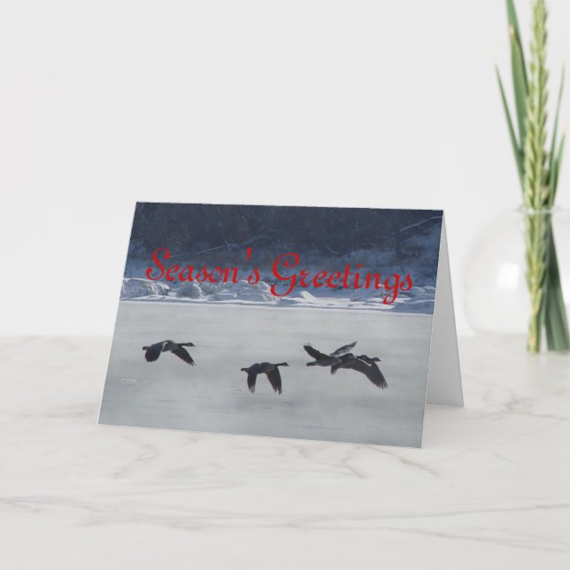 B48 Canadian Geese Over Frozen River Holiday Card (Front)