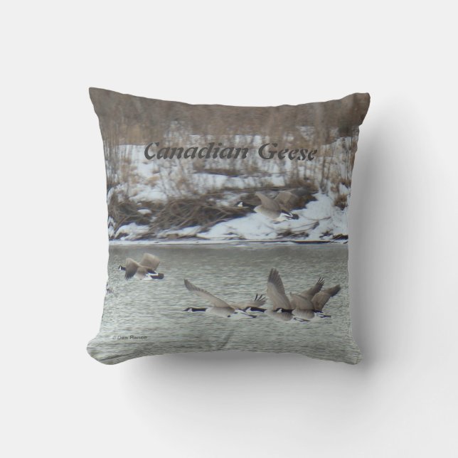 B7 Canadian Geese in Flight Over River Throw Pillow (Front)