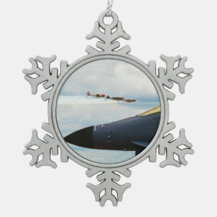 B-1 Bomber and WWII Fighters Snowflake Pewter Christmas Ornament