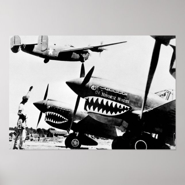 B-24 Liberator Flying Past P-40 Fighter Planes Poster (Front)