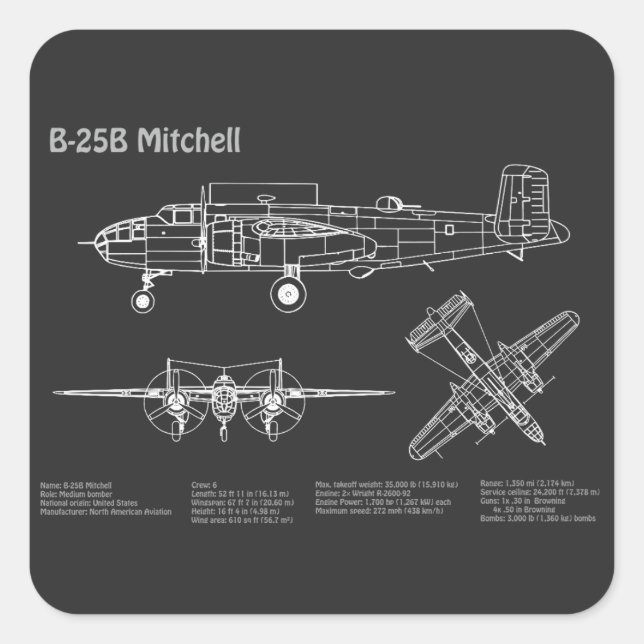 B-25B Mitchell Doolittle - Airplane Blueprint PD Square Sticker (Front)