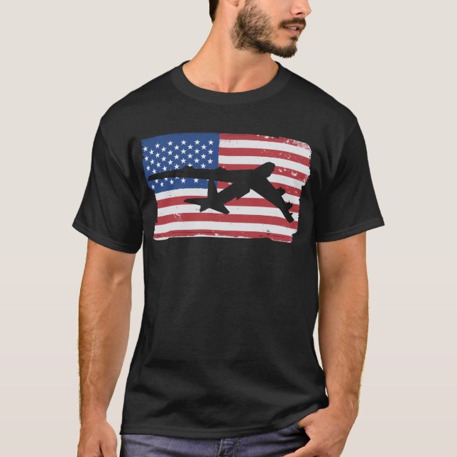 B-52 Stratofortress Bomber Airplane American Flag T-Shirt (Front)