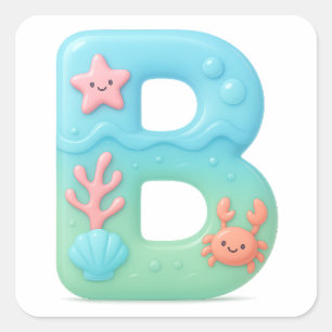 "B" Cute Bubble Letter - Underwater Sea Creature A Square Sticker