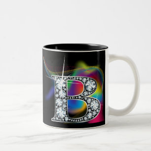 "B" Diamond Bling on Rainbow Swirl Mug