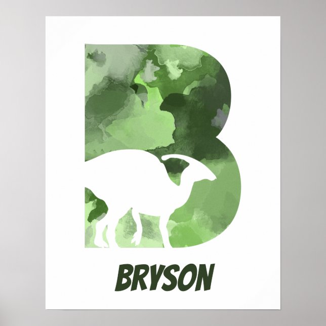 "B" Dinosaur Watercolor Green Child's Name Poster (Front)