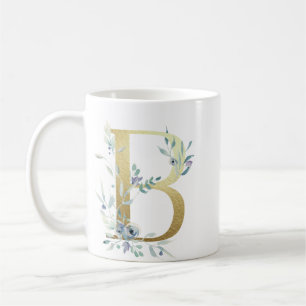 B  gold initial with blue floral foliage coffee mug