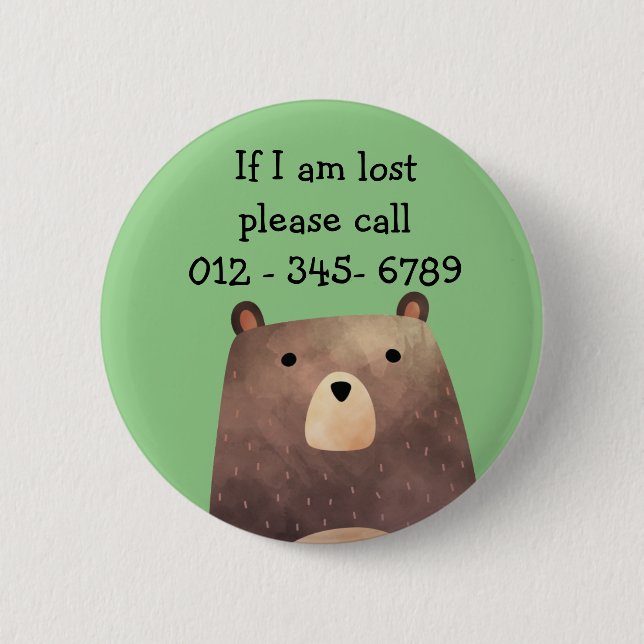 B is for Bear,  Child Emergency Contact 2 Inch Round Button (Front)