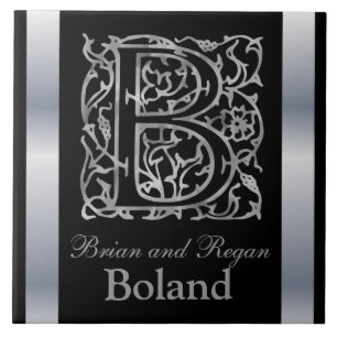 B Monogram and Name "Besque on Black" Ceramic Tile