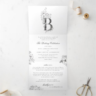 'B' Monogram Beautiful Sketched Floral Wedding Tri-Fold Invitation
