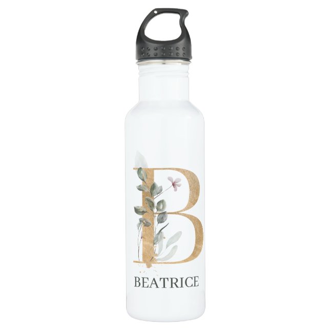B Monogram Floral Personalized 710 Ml Water Bottle (Front)