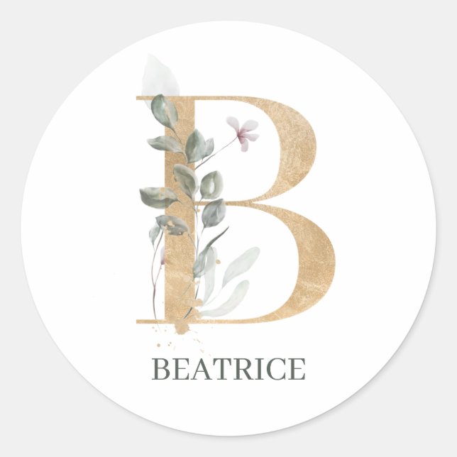 B Monogram Floral Personalized Classic Round Stick Classic Round Sticker (Front)