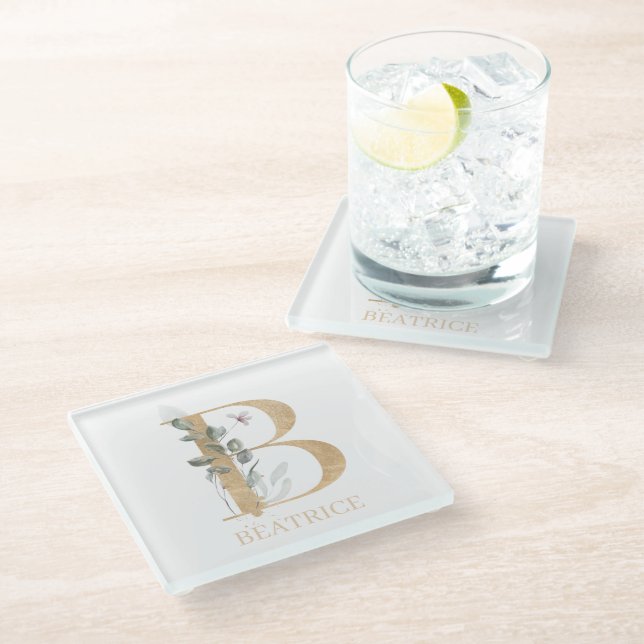 B Monogram Floral Personalized Glass Coaster (Angled)