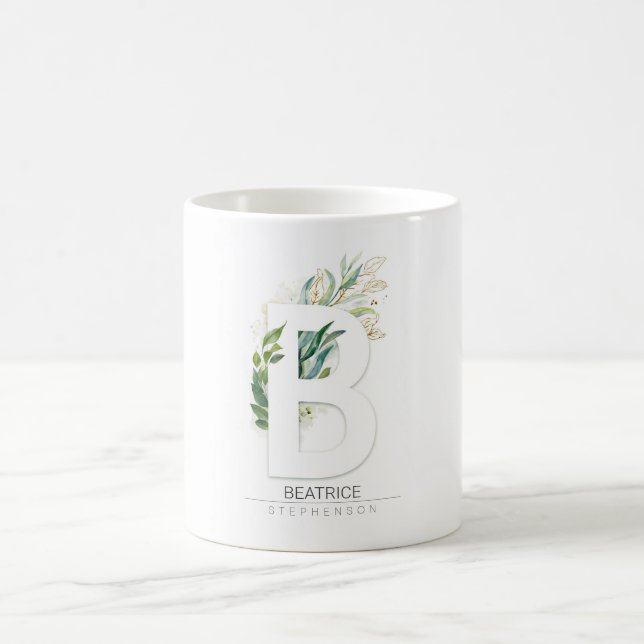 B Monogram Gold Greenery Leaves Elegant Name Coffee Mug (Center)