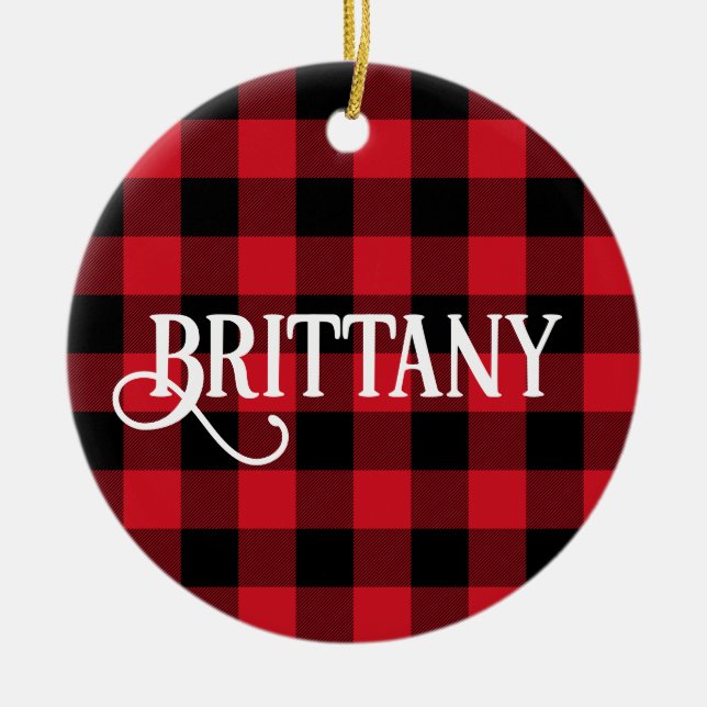 B Monogram Letter Buffalo Check Photo Ceramic Ornament (Front)