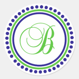 B Monogram (Navy Blue / Lime Green Dot Circle) Classic Round Sticker
